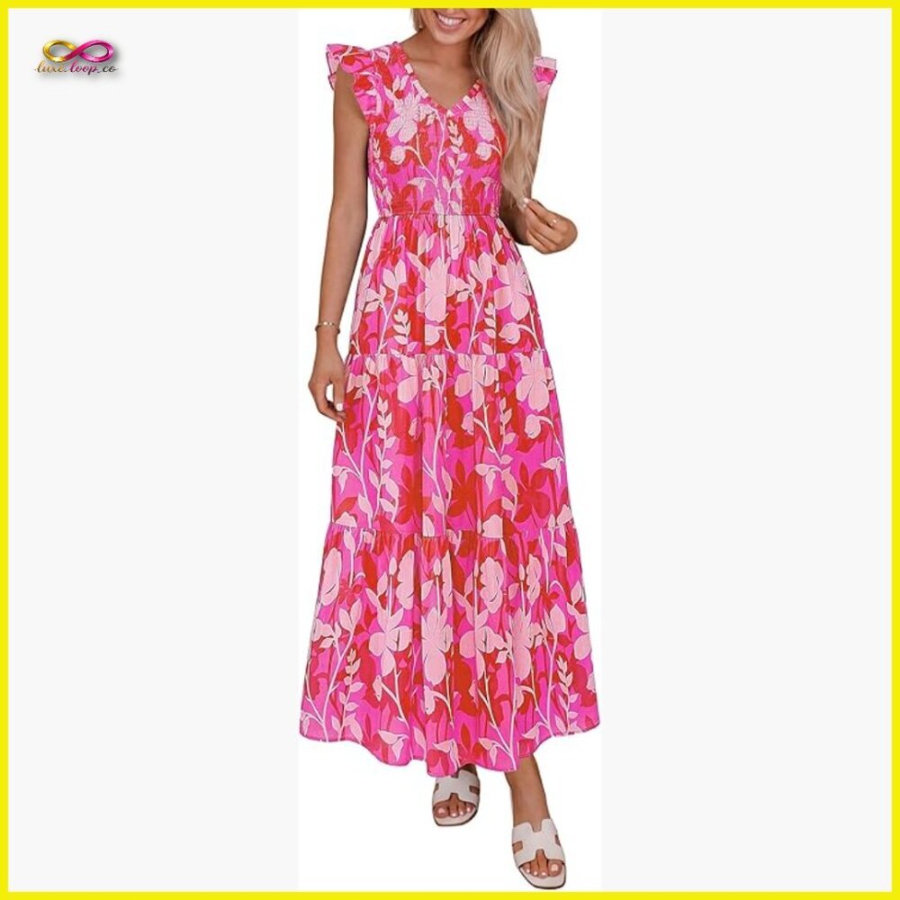 Boho Floral Maxi Dress Smocked V Neck Ruffle Sleeve Summer Beach Vacation
